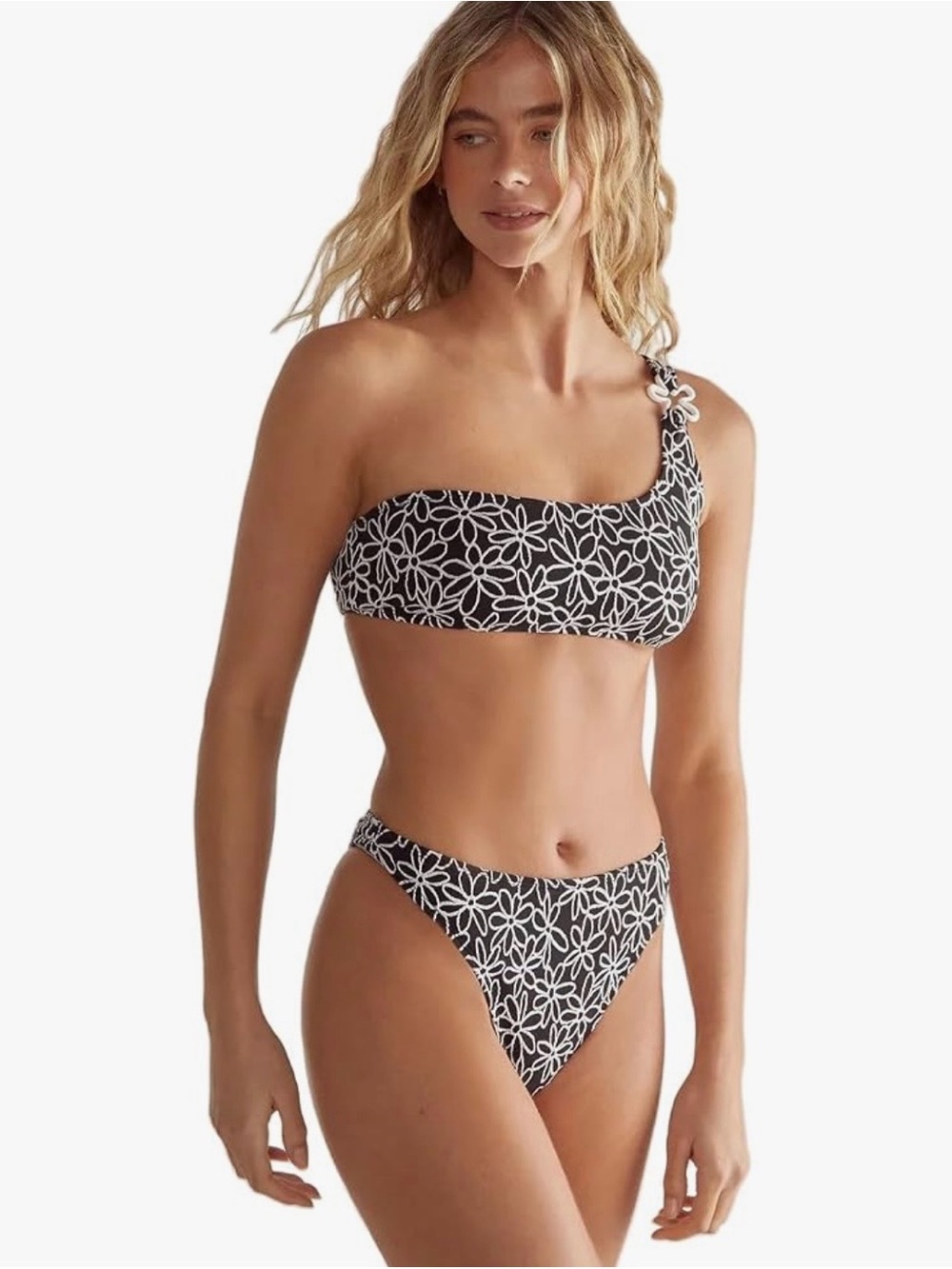 Nasty Gal Black and White One-Shoulder Floral Bikini